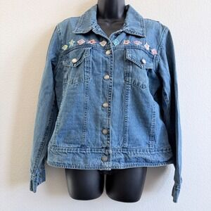 Agapo Womens Denim Jacket Large Blue Embroidered Striped Lining Cotton Vintage